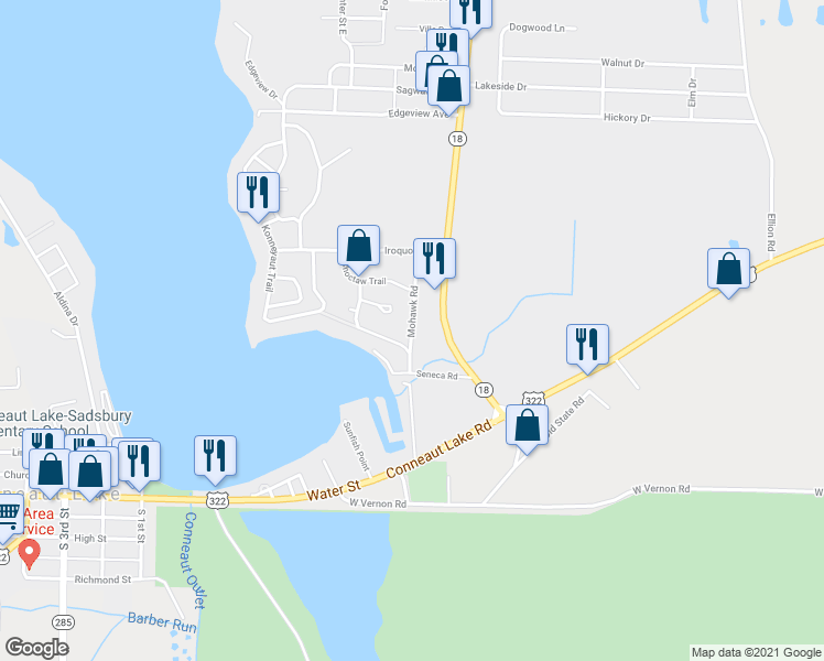 map of restaurants, bars, coffee shops, grocery stores, and more near 10954 Mohawk Road in Conneaut Lake