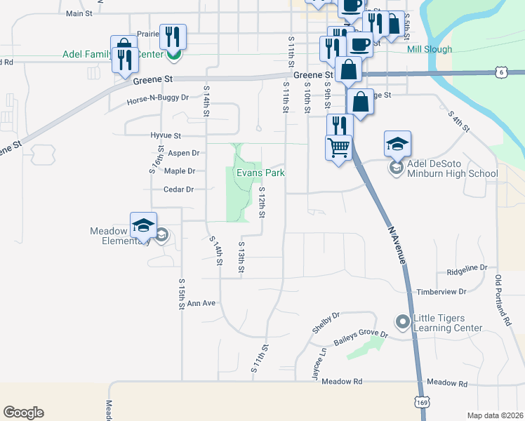 map of restaurants, bars, coffee shops, grocery stores, and more near 1113 South 12th Street in Adel