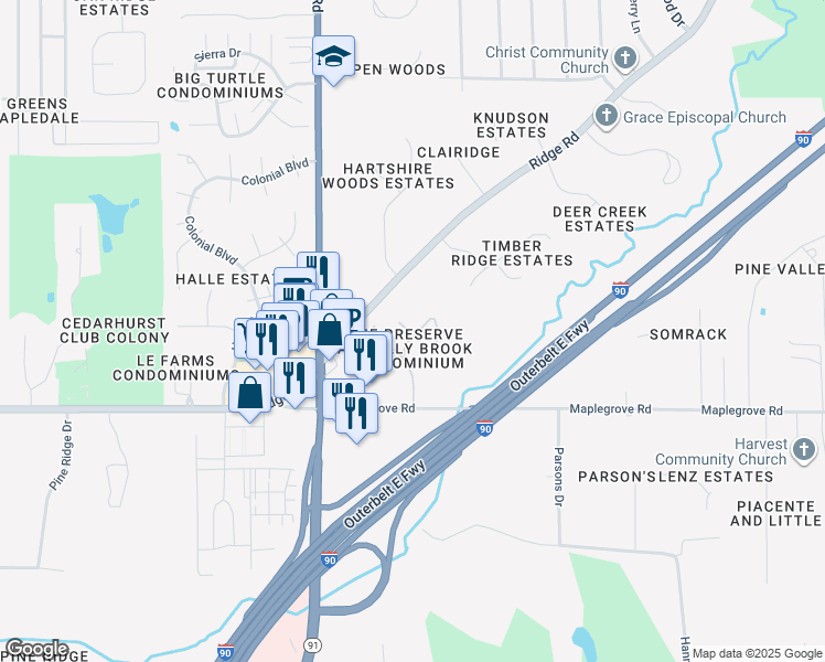 map of restaurants, bars, coffee shops, grocery stores, and more near 72 Brookstone Lane in Willoughby