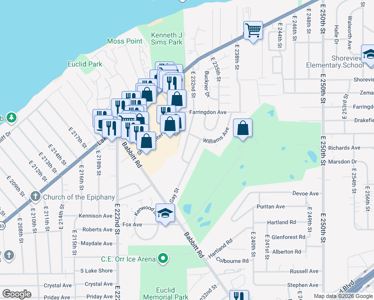 map of restaurants, bars, coffee shops, grocery stores, and more near 381 East 232nd Street in Euclid