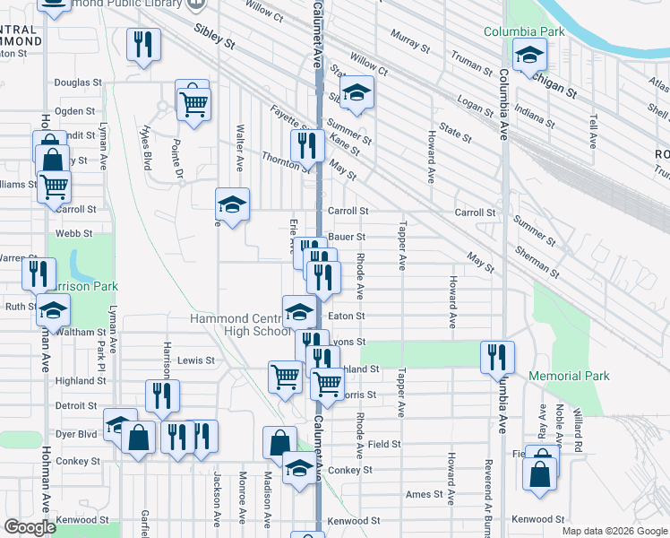 map of restaurants, bars, coffee shops, grocery stores, and more near 818 Becker Street in Hammond