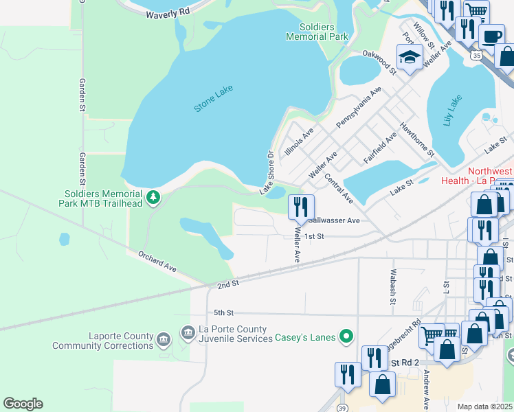map of restaurants, bars, coffee shops, grocery stores, and more near 1631 Stone Lake Drive in La Porte