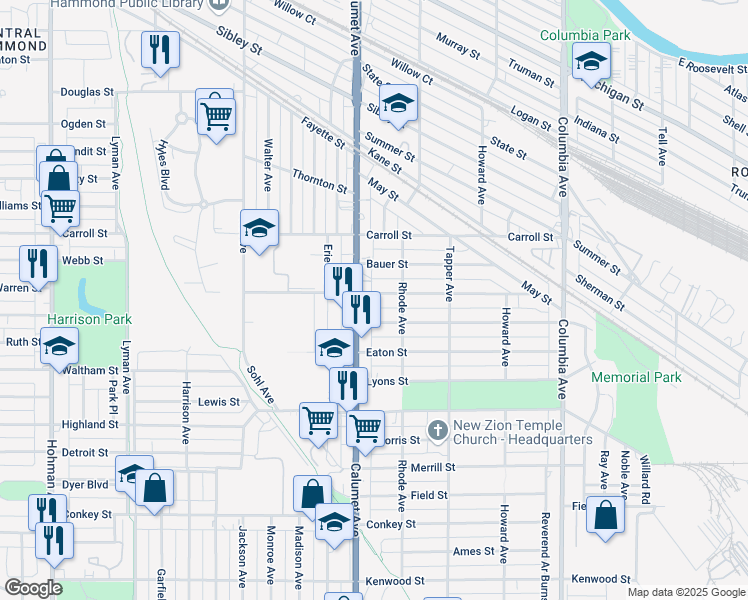 map of restaurants, bars, coffee shops, grocery stores, and more near 818 Becker Street in Hammond