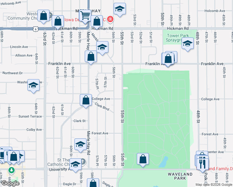 map of restaurants, bars, coffee shops, grocery stores, and more near 1624 56th Street in Des Moines