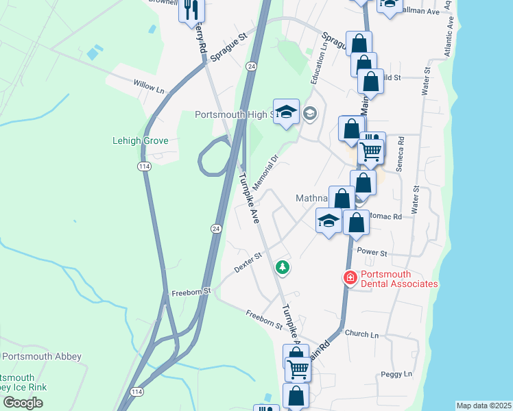 map of restaurants, bars, coffee shops, grocery stores, and more near 297 Turnpike Avenue in Portsmouth