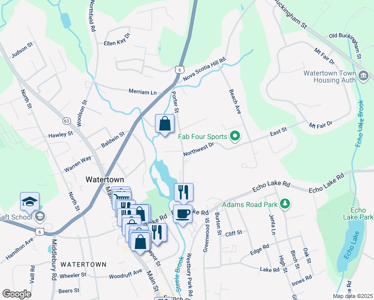 map of restaurants, bars, coffee shops, grocery stores, and more near 137 Porter Street in Watertown
