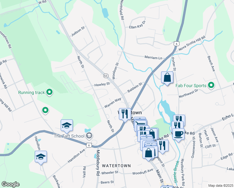 map of restaurants, bars, coffee shops, grocery stores, and more near 68 Main Street in Watertown