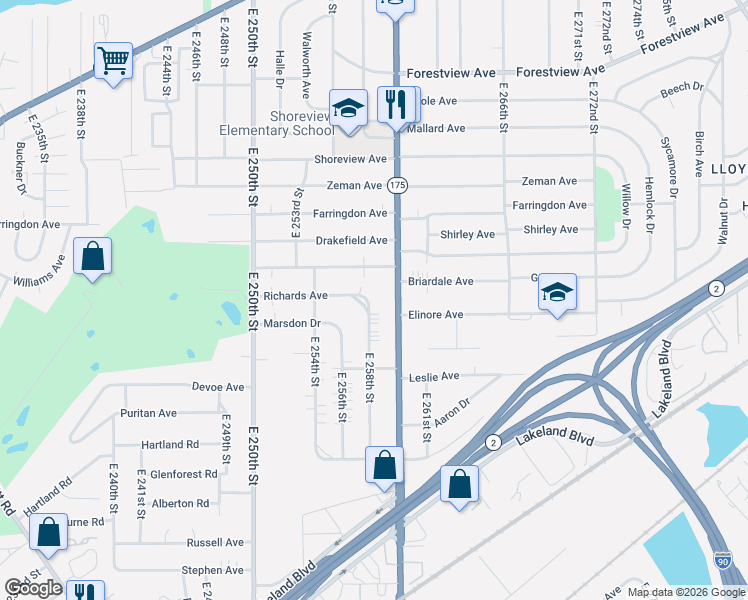 map of restaurants, bars, coffee shops, grocery stores, and more near 671 East 258th Street in Euclid