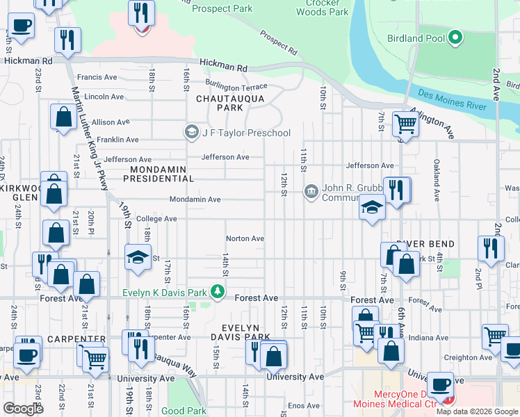 map of restaurants, bars, coffee shops, grocery stores, and more near 1620 13th Street in Des Moines