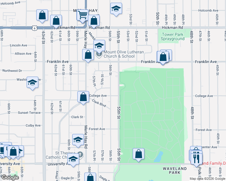 map of restaurants, bars, coffee shops, grocery stores, and more near 1624 56th Street in Des Moines
