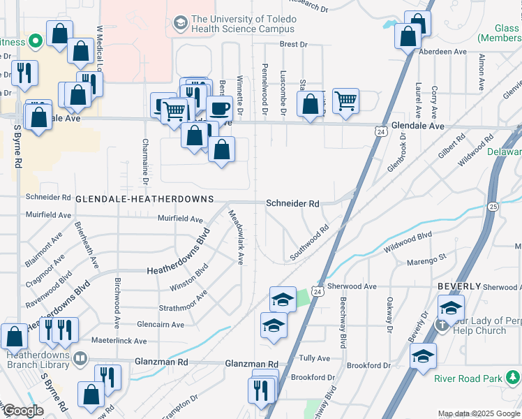 map of restaurants, bars, coffee shops, grocery stores, and more near 1708 Hinsdale Drive in Toledo