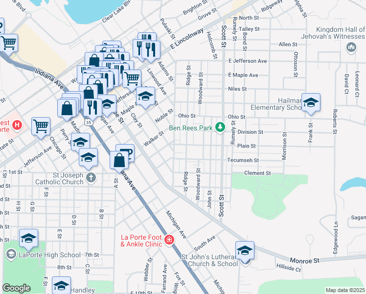 map of restaurants, bars, coffee shops, grocery stores, and more near 112 Plain Street in La Porte