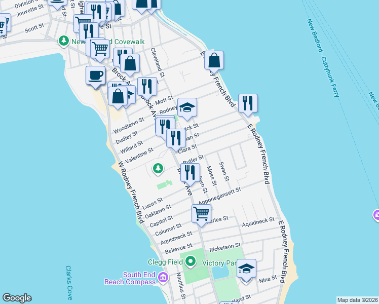 map of restaurants, bars, coffee shops, grocery stores, and more near 155-157 Clara Street in New Bedford
