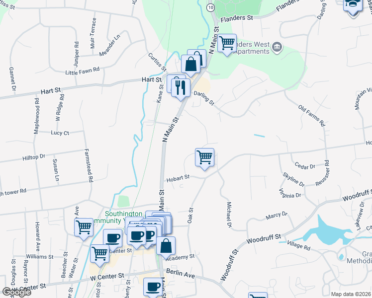 map of restaurants, bars, coffee shops, grocery stores, and more near 57 Knights Court in Southington