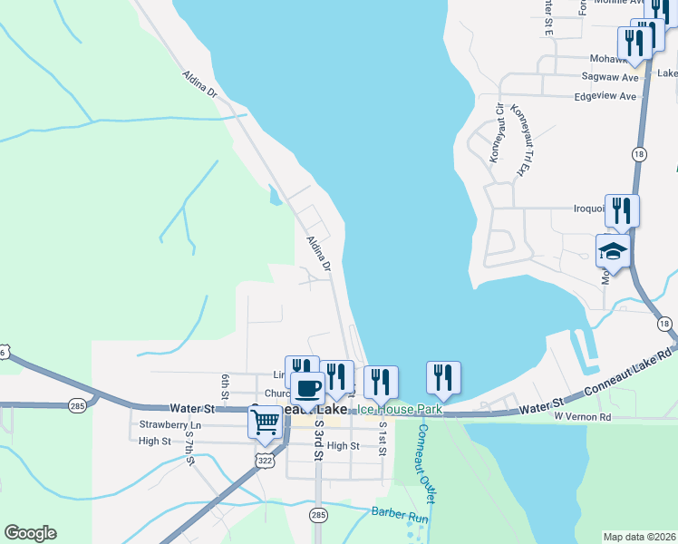 map of restaurants, bars, coffee shops, grocery stores, and more near 10552-10556 Aldina Drive in Conneaut Lake