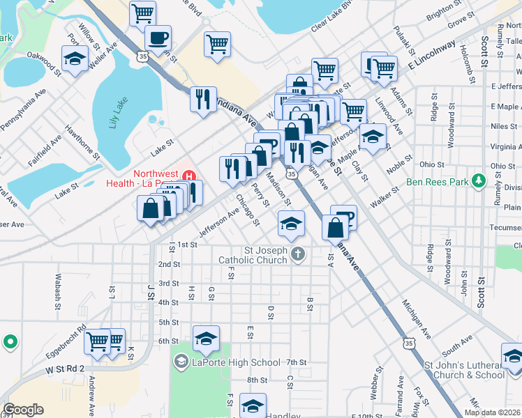 map of restaurants, bars, coffee shops, grocery stores, and more near 1108 Jefferson Avenue in La Porte
