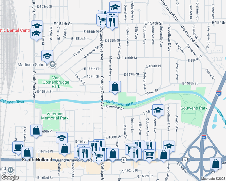 map of restaurants, bars, coffee shops, grocery stores, and more near 15736 Drexel Avenue in Dolton