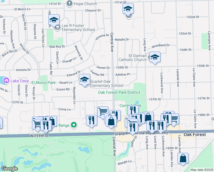 map of restaurants, bars, coffee shops, grocery stores, and more near 5641 Dover Road in Oak Forest