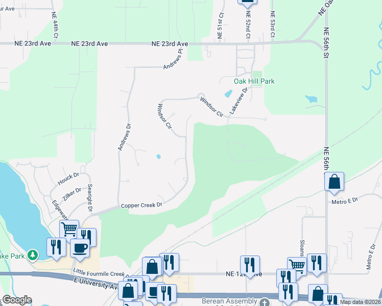 map of restaurants, bars, coffee shops, grocery stores, and more near 5105 Copper Creek Drive in Pleasant Hill