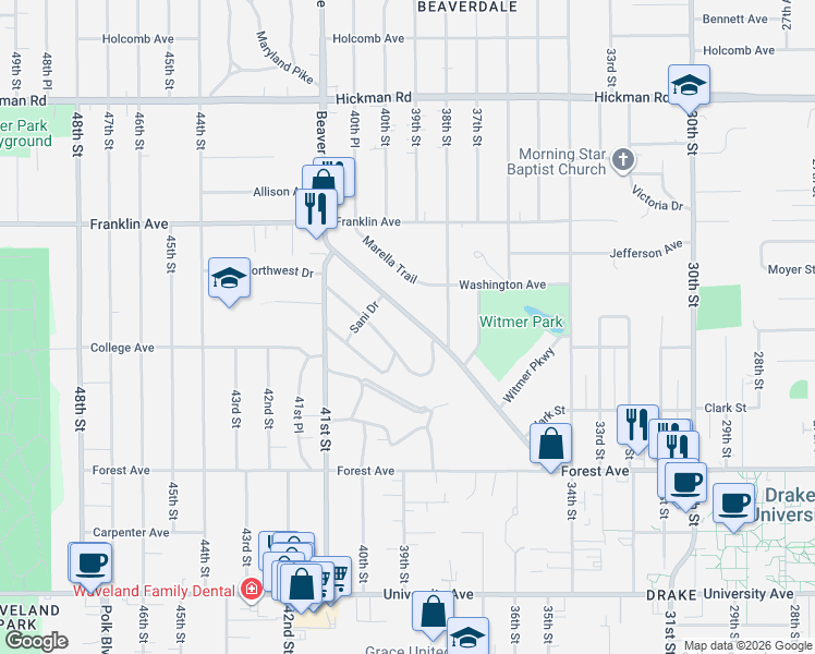 map of restaurants, bars, coffee shops, grocery stores, and more near 1627 Beaver Avenue in Des Moines