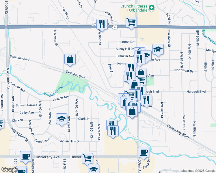 map of restaurants, bars, coffee shops, grocery stores, and more near 1836 Northwest 90th Street in Clive