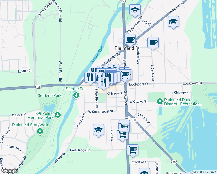 map of restaurants, bars, coffee shops, grocery stores, and more near 24040 Lockport Street in Plainfield