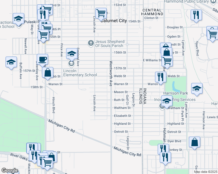 map of restaurants, bars, coffee shops, grocery stores, and more near 908 Wentworth Avenue in Calumet City