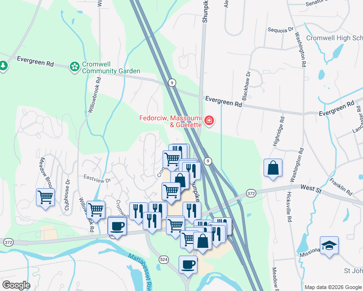 map of restaurants, bars, coffee shops, grocery stores, and more near 1000 Cromwell Hills Drive in Cromwell