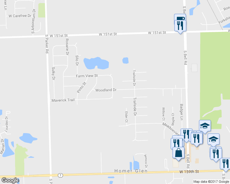 map of restaurants, bars, coffee shops, grocery stores, and more near 15421 Weather Vane Lane in Lockport