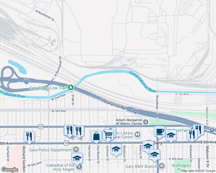 map of restaurants, bars, coffee shops, grocery stores, and more near 5-700 West 2nd Avenue in Gary