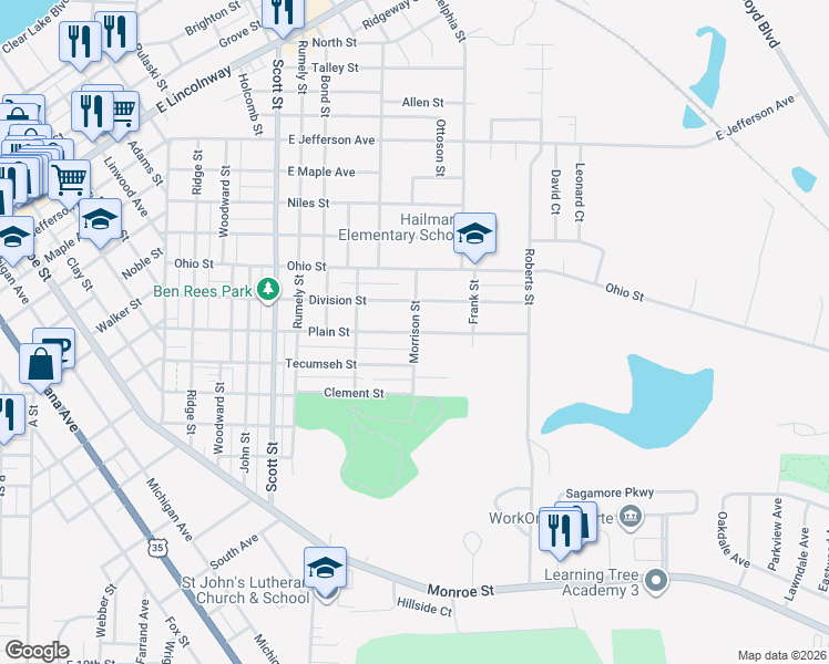 map of restaurants, bars, coffee shops, grocery stores, and more near 299 Morrison St in La Porte
