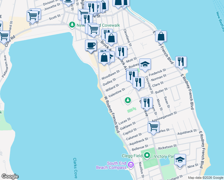 map of restaurants, bars, coffee shops, grocery stores, and more near 78 Willard Street in New Bedford