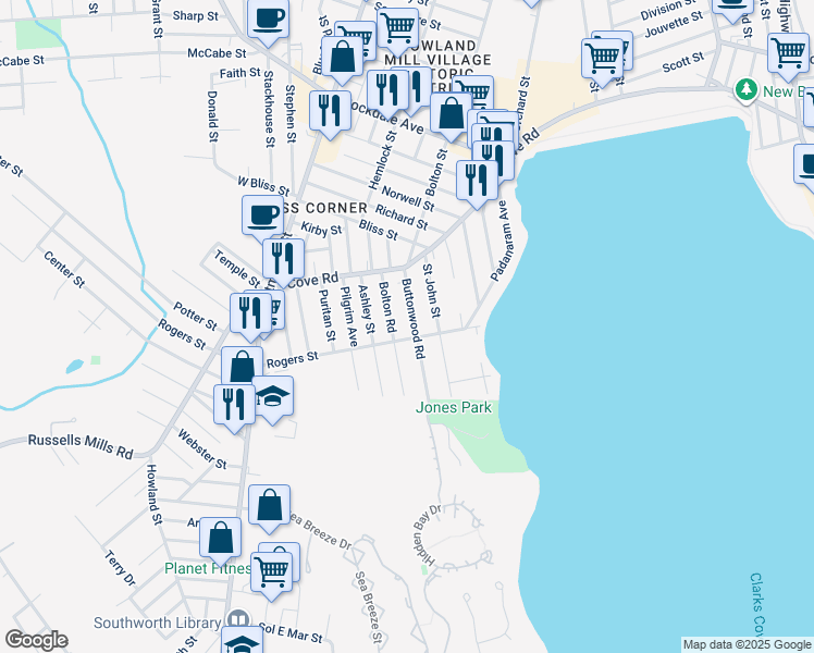 map of restaurants, bars, coffee shops, grocery stores, and more near 17 Bolton Road in Dartmouth