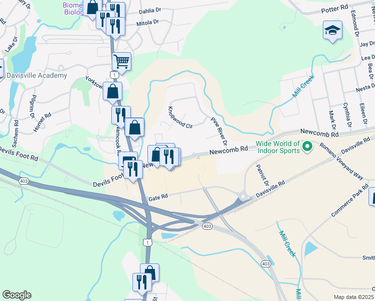 map of restaurants, bars, coffee shops, grocery stores, and more near 12 Fischer Drive in North Kingstown