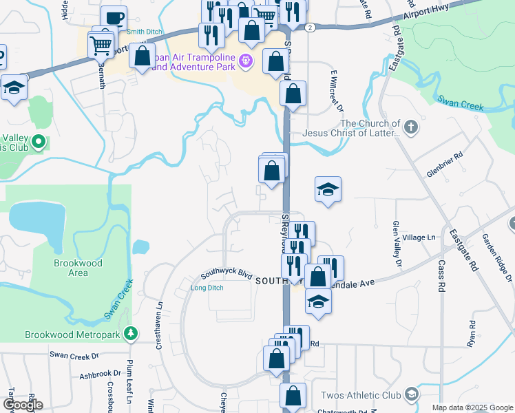 map of restaurants, bars, coffee shops, grocery stores, and more near 1728 Brownstone Boulevard in Toledo
