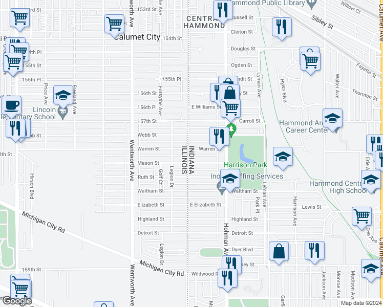map of restaurants, bars, coffee shops, grocery stores, and more near 4 Warren Street in Hammond