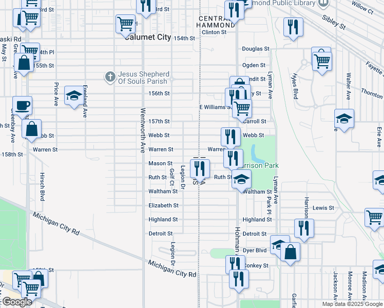 map of restaurants, bars, coffee shops, grocery stores, and more near 11 Warren Street in Calumet City
