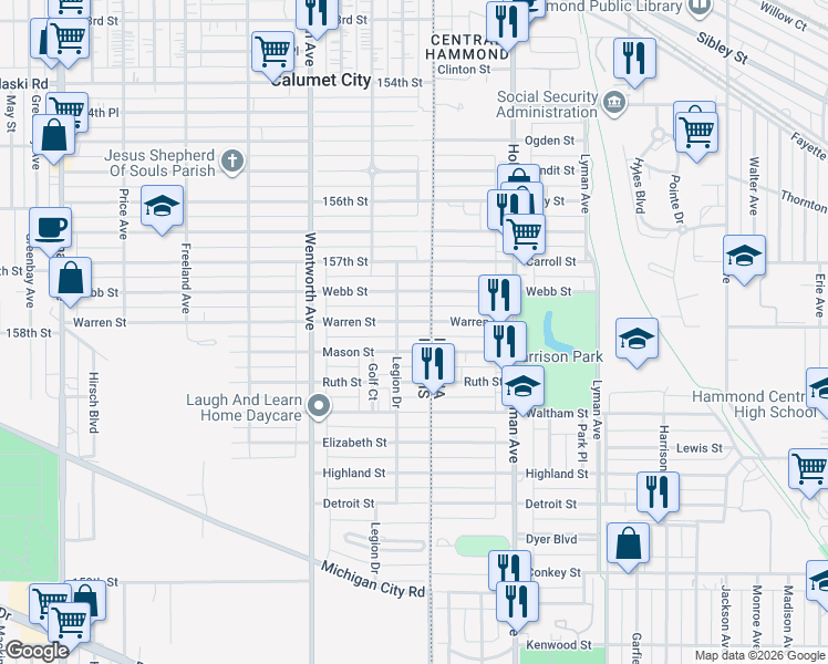 map of restaurants, bars, coffee shops, grocery stores, and more near 11 Warren Street in Calumet City