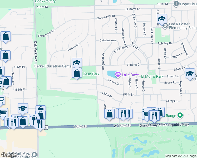 map of restaurants, bars, coffee shops, grocery stores, and more near 15529 Ridgeland Avenue in Oak Forest