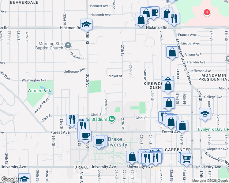 map of restaurants, bars, coffee shops, grocery stores, and more near 2705 College Avenue in Des Moines