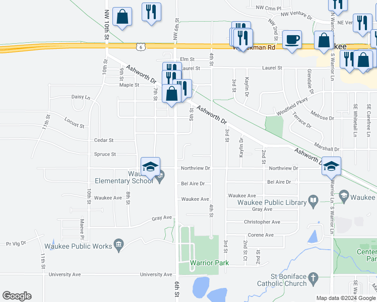 map of restaurants, bars, coffee shops, grocery stores, and more near 645 6th Street in Waukee