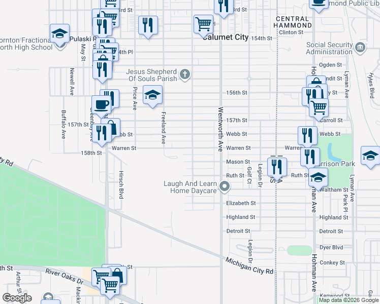 map of restaurants, bars, coffee shops, grocery stores, and more near 301 Warren Street in Calumet City