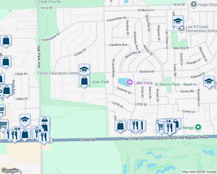 map of restaurants, bars, coffee shops, grocery stores, and more near 15529 Ridgeland Avenue in Oak Forest
