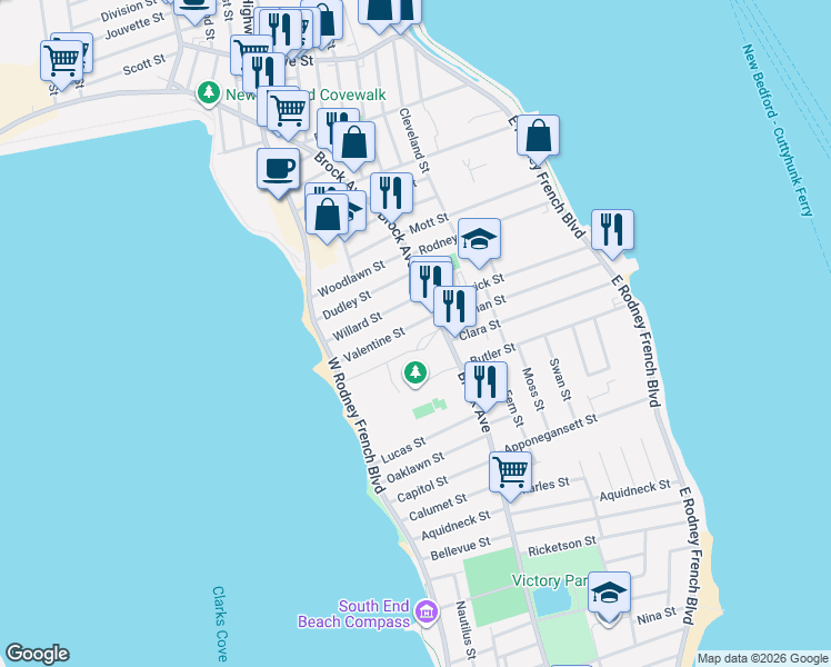 map of restaurants, bars, coffee shops, grocery stores, and more near 607-609 Brock Avenue in New Bedford