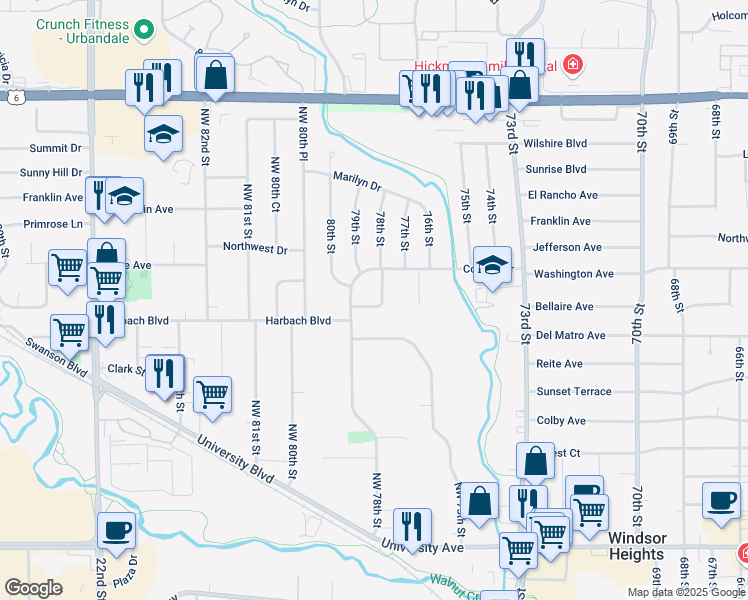map of restaurants, bars, coffee shops, grocery stores, and more near 1704 Luin Lane in Windsor Heights
