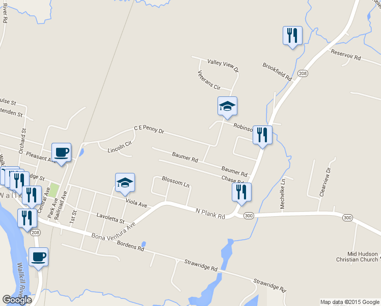 map of restaurants, bars, coffee shops, grocery stores, and more near 60 Baumer Road in Wallkill