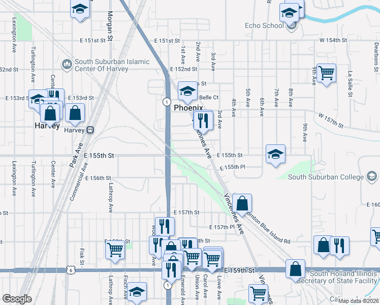 map of restaurants, bars, coffee shops, grocery stores, and more near 536 East 155th Street in Phoenix
