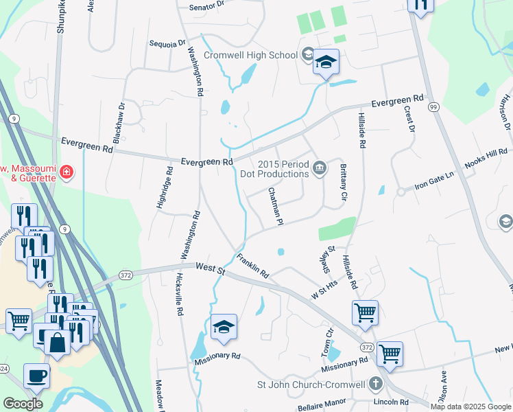 map of restaurants, bars, coffee shops, grocery stores, and more near 25 Lancaster Road in Cromwell