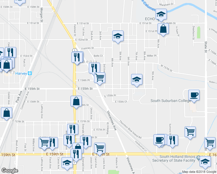 map of restaurants, bars, coffee shops, grocery stores, and more near 644 East 155th Street in Phoenix