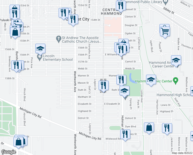 map of restaurants, bars, coffee shops, grocery stores, and more near 11 Warren Street in Calumet City